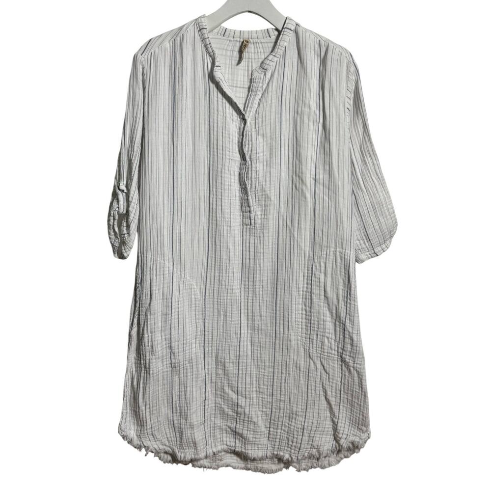 XCVI Coastal Shirt Dress Women M‎ White Blue Stripe Gauze Organic Cotton Beach